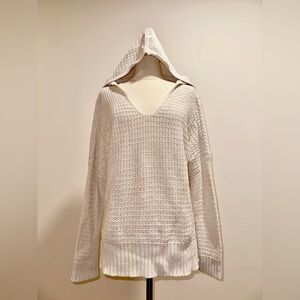 Rachel Zoe Cream Open Knit Hoodie Sweater V-Neck Size S EUC